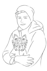Sketch guy with a small dog, teenager boy with his pet, boy and yorkshire terrier