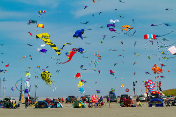 Long Beach, WA;  Many kites in the air and exhibitor's tents on the beach at the Washington State...
