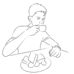 Sketch of a guy who drinks coffee with muffins, black outline drawing of a teenager in a cafe, coffee break