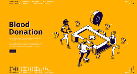Blood donation isometric landing page, donor experience, lifeblood transfusion healthcare concept with tiny volunteer people bringing hearts to huge medical toolbox, 3d vector line art web banner