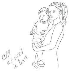 Sketch of mom with baby, girl holds baby in her arms, mother with son