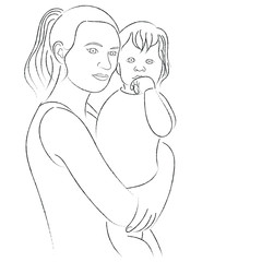 Girl with baby, baby in mom’s arms, black outline drawing, silhouettes of mother with baby