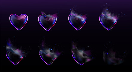 Soap bubbles in shape of heart burst sprites video animation sequence stages. Game user interface GUI elements, computer or web and motion design, love development storyboard, Realistic 3d vector set © klyaksun