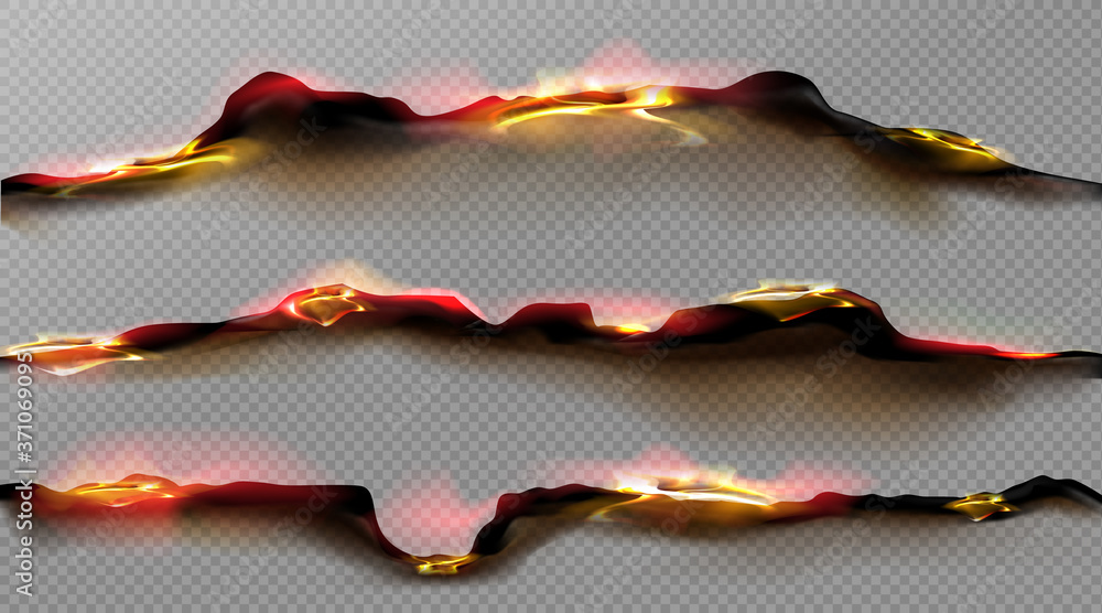Poster burn paper borders, burnt page with smoldering fire on charred uneven edges, parchment sheets in fla