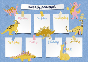 Weekly planner for kids - Templates for school timetable with dinosaurs. Flat doodle Hand drawn graphic for typography. Vector illustration in blue , pink and yellow.