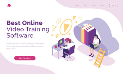 Fototapeta premium Online video training software isometric landing page, business people or students studying via internet using laptops. Computer programs for distant education, network technology 3d vector web banner