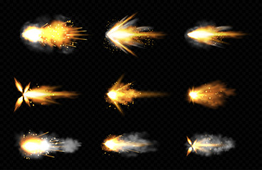 Gun shot with fire and smoke. Weapon firing effects. Vector realistic set of gun muzzle flashes, flying bullets with flame, sparks and smoke clouds isolated on transparent background - obrazy, fototapety, plakaty