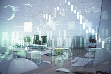 Multi exposure of stock market chart drawing and office interior background. Concept of financial...