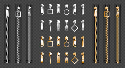 Metal zip fasteners, silver golden zippers with differently shaped puller and closed black fabric tape, clothing hardware isolated on transparent background, Realistic 3d vector illustration, set - obrazy, fototapety, plakaty