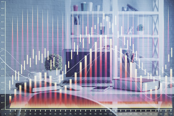 Double exposure of financial graph drawing and office interior background. Concept of stock market.