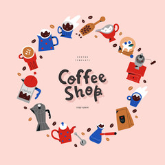 Coffee shop lettering logo with decorative circle frame, vector template made of hand drawn illustrations of barista tools and utensils, good as banner, menu design or poster