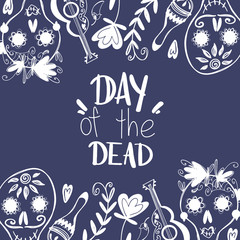 Kawaii cute square postcard mexico death day lettering on blue background. Doodle digital art outline. Print for fabric, wrapping paper, packaging, poster, invitation, banner, decoration