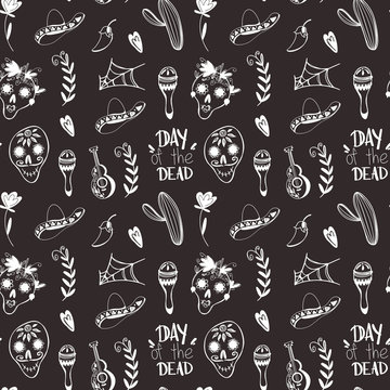 Kawaii cute square seamless pattern traditional skull mexico to the day of death on black background. Doodle digital art outline. Print for fabric, wrapping paper, packaging, poster, invitation