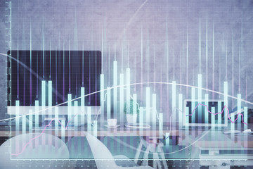 Multi exposure of financial graph drawing and office interior background. Concept of market analysis.