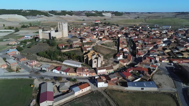 Beautiful village with castle. Torrelobaton. Valladolid, Spain. Aerial Drone Footage