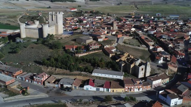 Beautiful village with castle. Torrelobaton. Valladolid, Spain. Aerial Drone Footage
