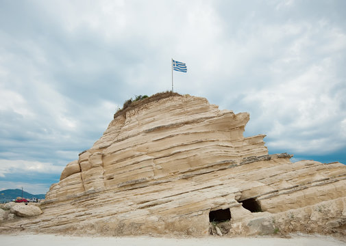 Rock with chapel in Agia Sostis. Bay of Laganas, Zakynthos island, Greece