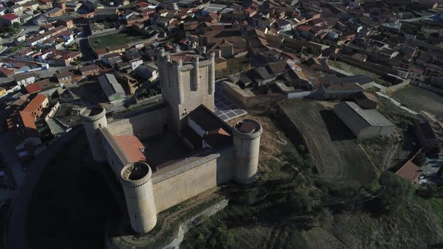 Beautiful village with castle. Torrelobaton. Valladolid, Spain. Aerial Drone Footage