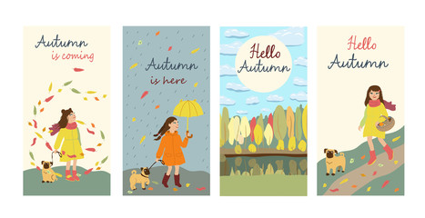 Obraz premium Set of the post cards with text. Kids cartoon illustration with girl and dog going for mushrooms, walking in the rain, admiring the leaves fall. Hello Autumn. Cute characters in flat style