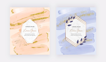Peach and blue brush stroke watercolor and gold sparkle glitter confetti design cards with marble geometric frames.
