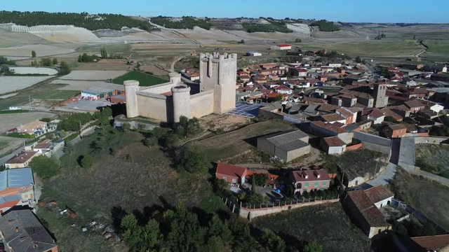 Beautiful village with castle. Torrelobaton. Valladolid, Spain. Aerial Drone Footage