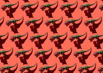 Funny dinosaur with gift box pattern on red background