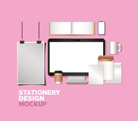 computer and mockup set on pink background of corporate identity and stationery design theme Vector illustration © Grgroup