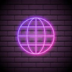 Globe neon sign. Night bright advertisement. Vector illustration in neon style for geography and knowledge