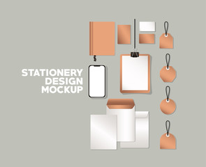 smartphone and mockup set on gray background of corporate identity and stationery design theme Vector illustration © Grgroup