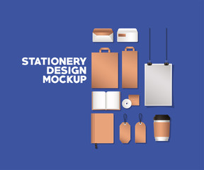 bags and mockup set on blue background of corporate identity and stationery design theme Vector illustration © Grgroup