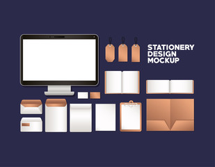 computer and mockup set on blue background of corporate identity and stationery design theme Vector illustration © Grgroup