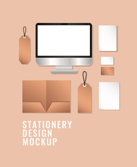 computer and mockup set on orange background of corporate identity and stationery design theme Vector illustration © Grgroup