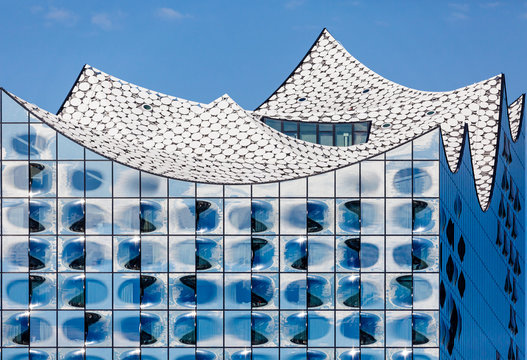 Hamburg, Germany: Elbphilharmonie building facade against blue sky