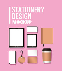 tablet smartphone and mockup set on pink background of corporate identity and stationery design theme Vector illustration © Grgroup
