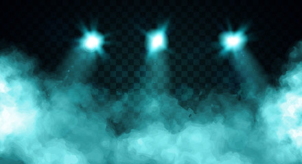 Billowing clouds of turquoise blue smoke illuminated by three spot lights over a dark background, colored vector illustration