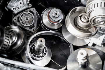 Used Automatic transmission gearbox parts. Automobile old metal parts of the gearshift box