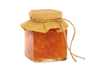 Pear and apple jam in a glass jar isolated on white 