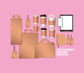 tablet smartphone and mockup set on pink background of corporate identity and stationery design theme Vector illustration © Grgroup