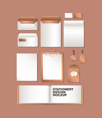 notebook and mockup set on brown background of corporate identity and stationery design theme Vector illustration © Grgroup