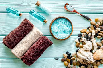 Plakat Lauout of blue sea spa cosmetics. Top view