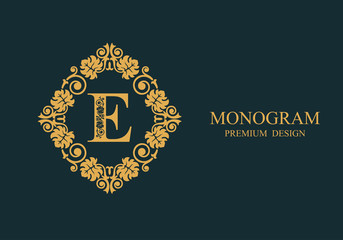 Monogram design elements, Calligraphic graceful template, Letter emblem E, Elegant line art logo, Business sign for Royalty, Boutique, Cafe, Hotel, Heraldic, Jewelry, Wine, Vector Eps 10