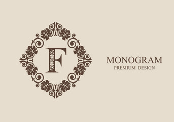 Monogram design elements, Calligraphic graceful template, Letter emblem F, Elegant line art logo, Business sign for Royalty, Boutique, Cafe, Hotel, Heraldic, Jewelry, Wine, Vector Eps 10