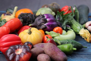 Multicolored vegetables close-up, harvest of vegetables.