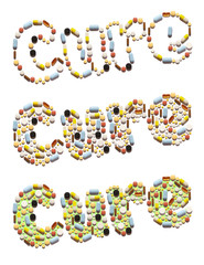 A number of pills of different colors in the shape of a word 'Cure' isolated on white 