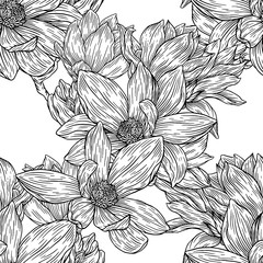 Seamless pattern with outline magnolia flower, ornate buds and leaves on the white background....