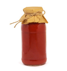 Jar of tomato paste isolated on white