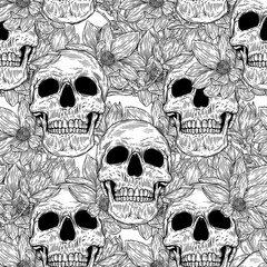 Seamless pattern with image a skull and with magnolia flowers. Hand drawn vintage engraving style. 