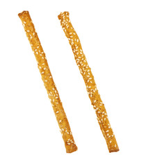 Grissini breadsticks with sesame seeds isolated on a white