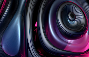 3d render of abstract art 3d background with part of surreal alien flower in organic curve round wavy smooth and soft bio forms in black matte rubber, blue plastic with lines on surface on pink back