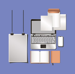 laptop and mockup set on blue background of corporate identity and stationery design theme Vector illustration © Grgroup